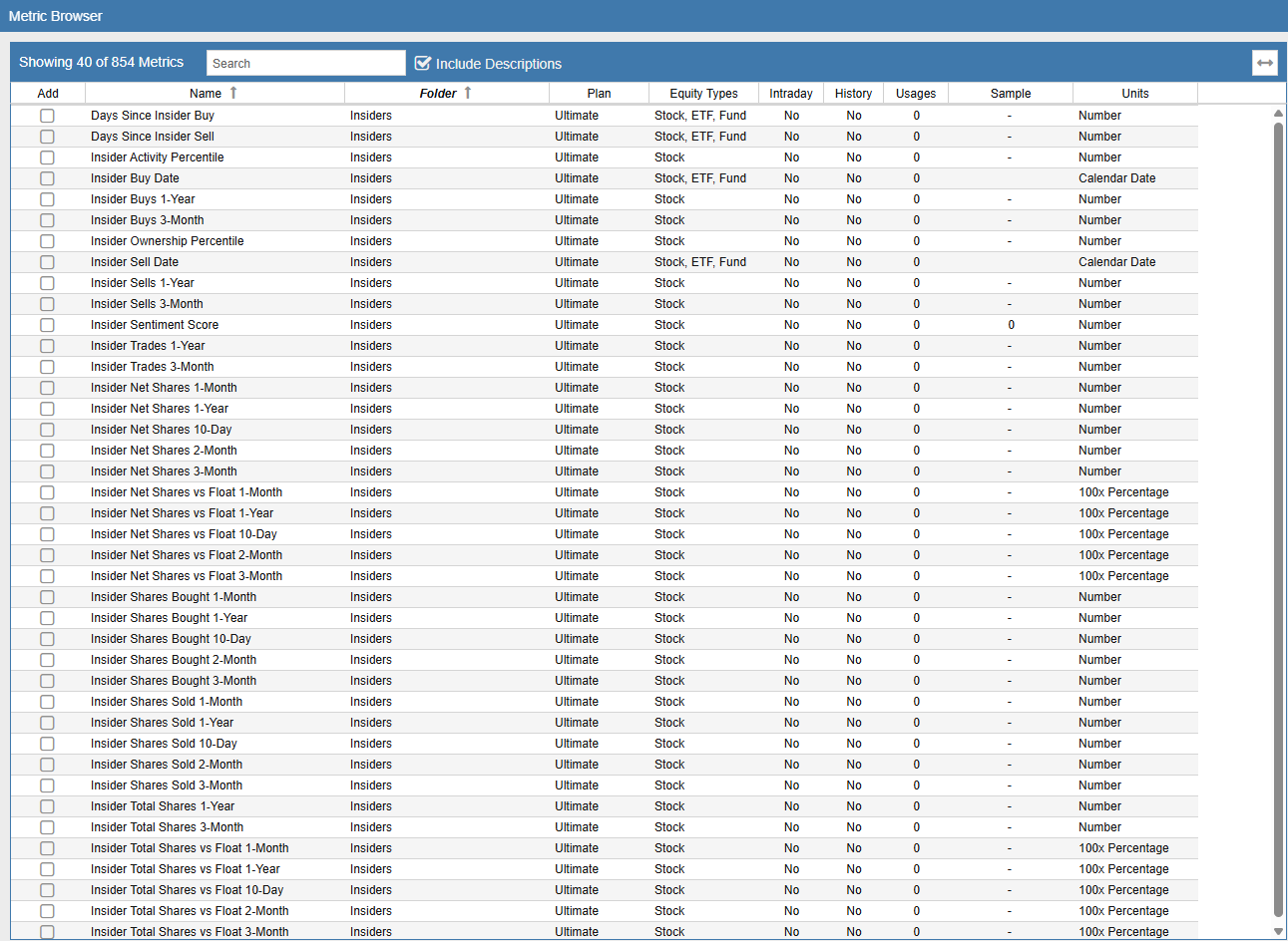 Click to enlarge Insider Metrics Browser