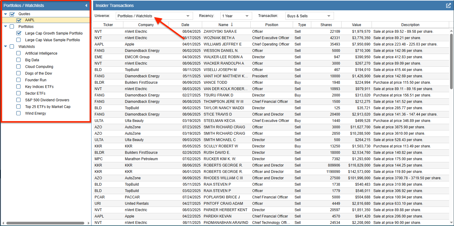 Click to enlarge Insider Transactions Navigation Panel