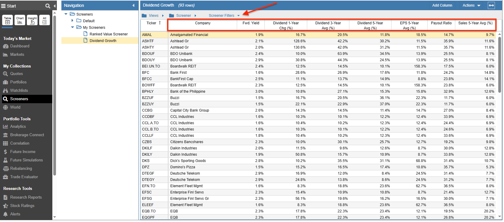 Run in Table Screener Filters