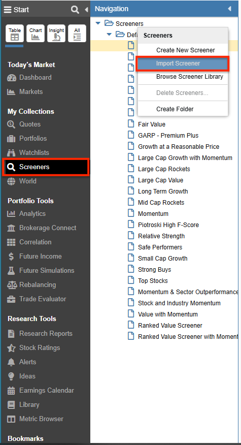 import screener from navigation panel