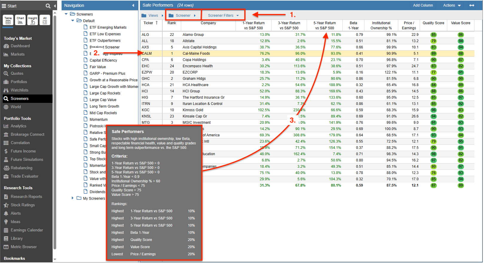 screener filters view