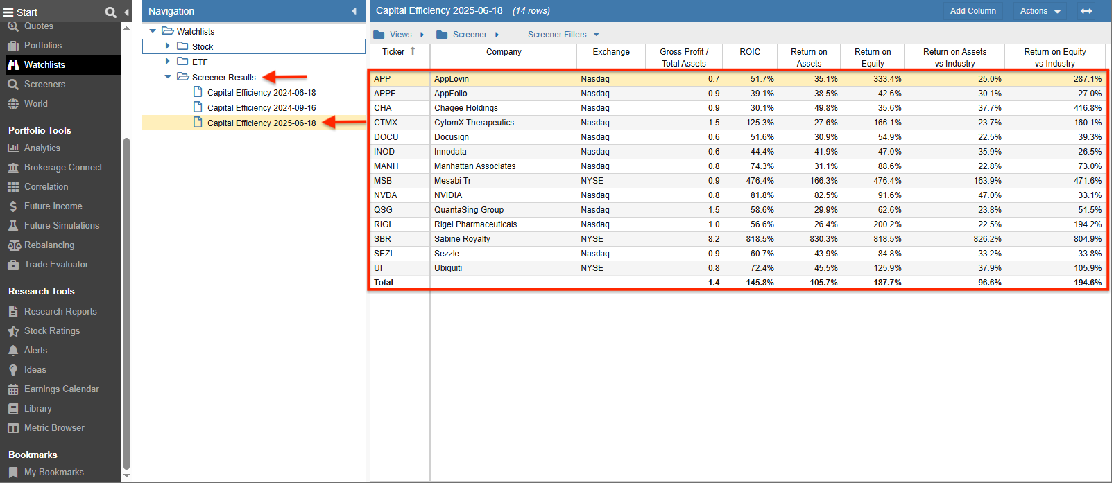 show screener runs