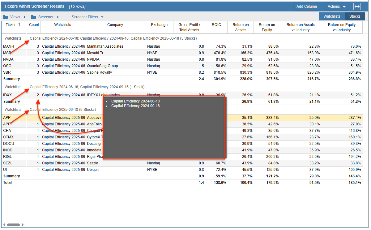 show three screener runs