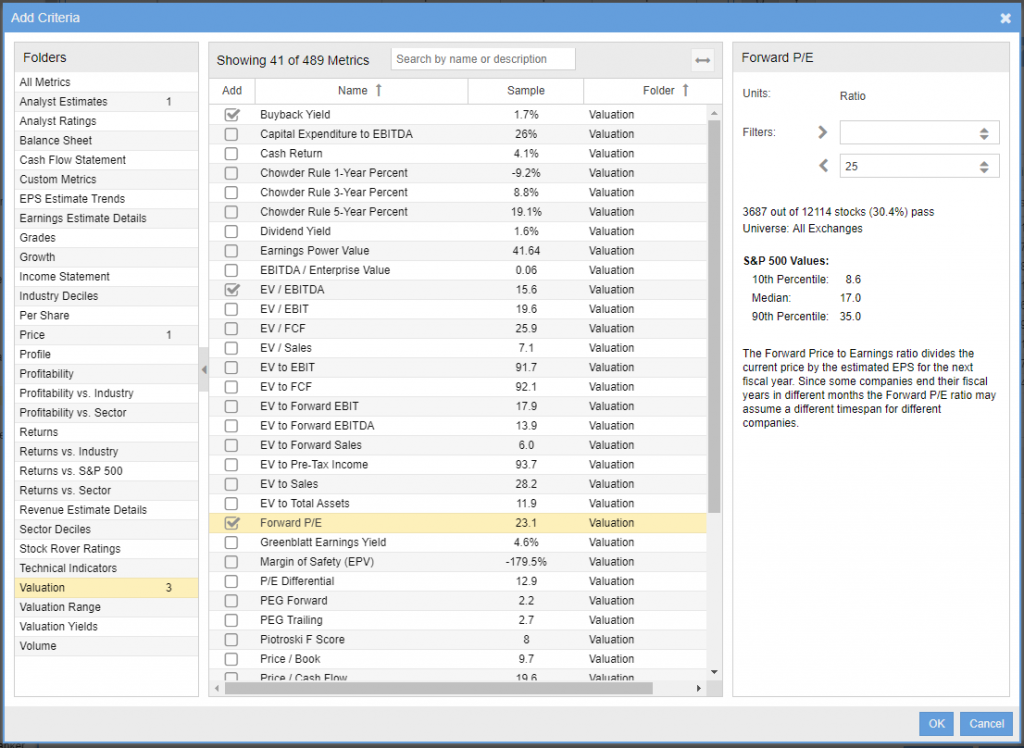 Choose screener criteria from over 500 financial metrics