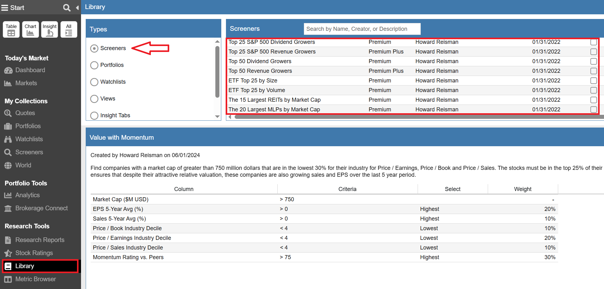 Click to enlarge Screener Import from the Library