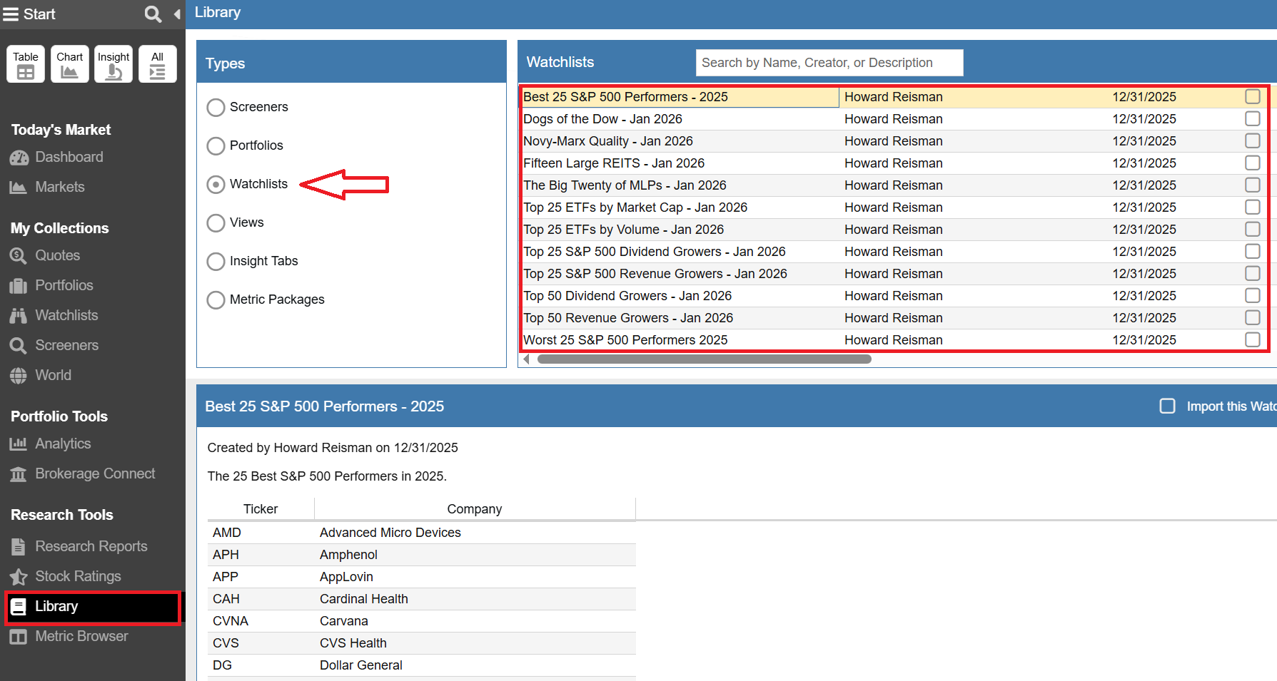 Click to enlarge Watchlist Import from the Library