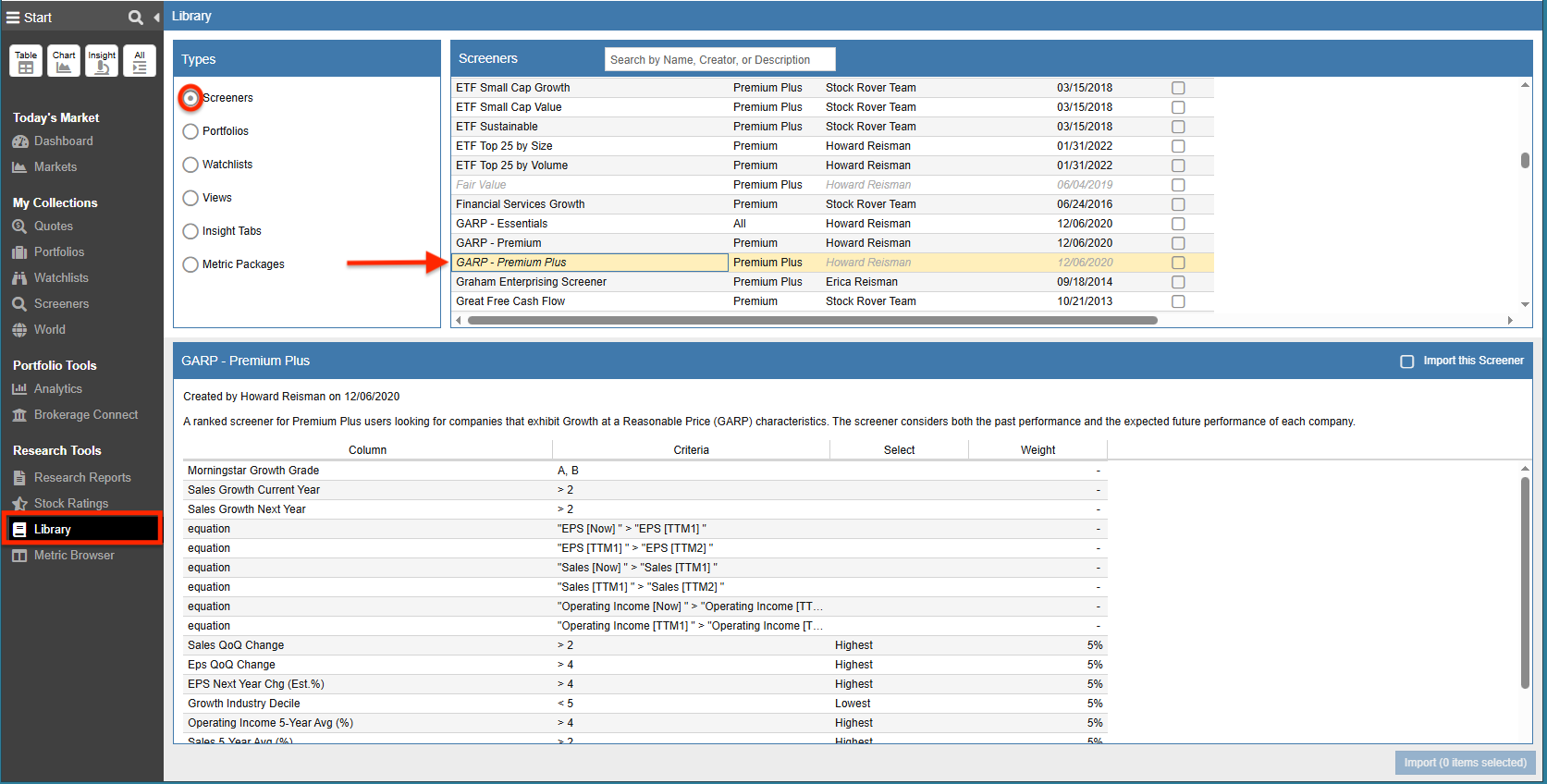 Click to enlarge Stock Rover Screener Library