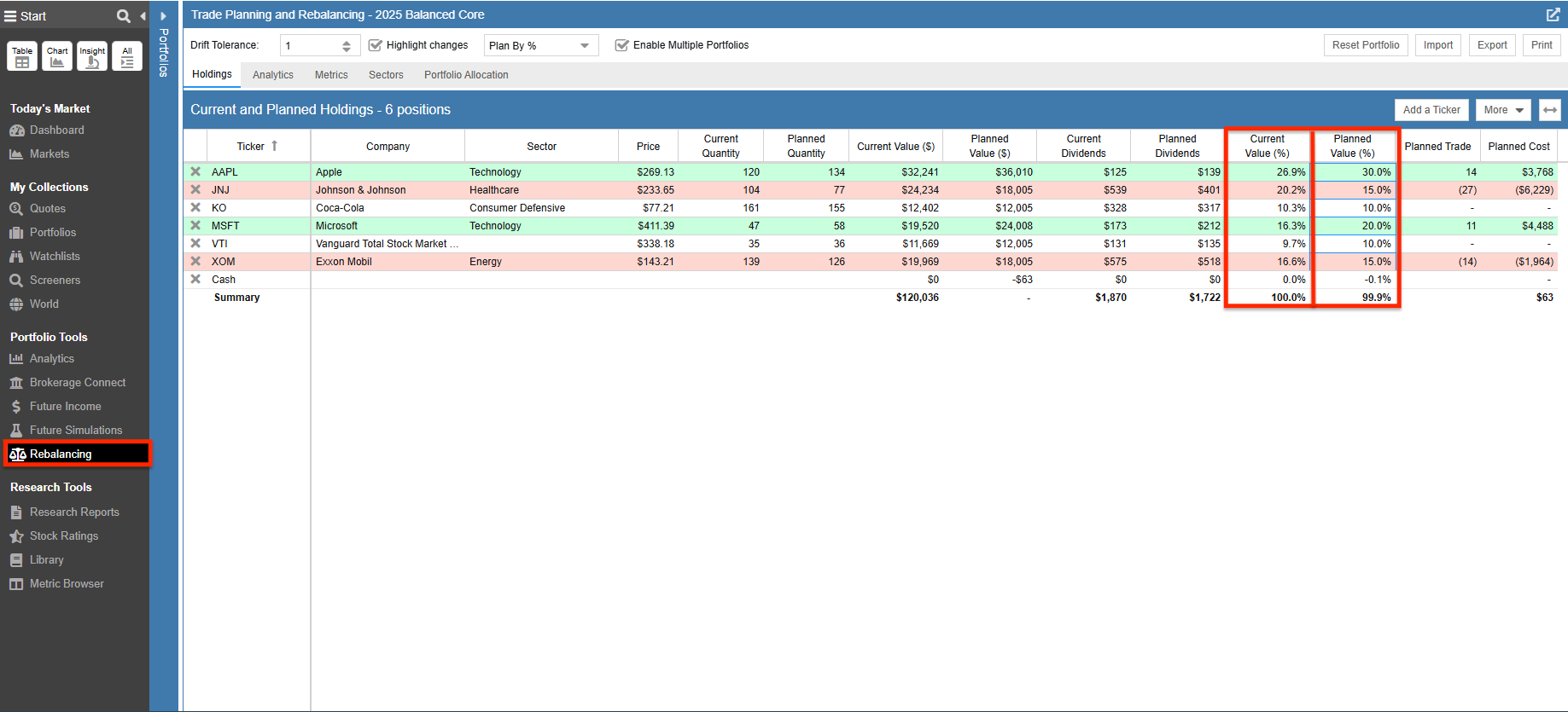 Stock Rover Rebalancing Grid