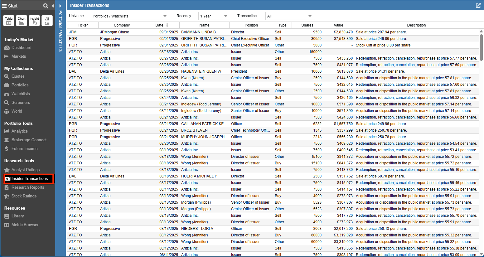 Click to enlarge Insider Transactions Tool